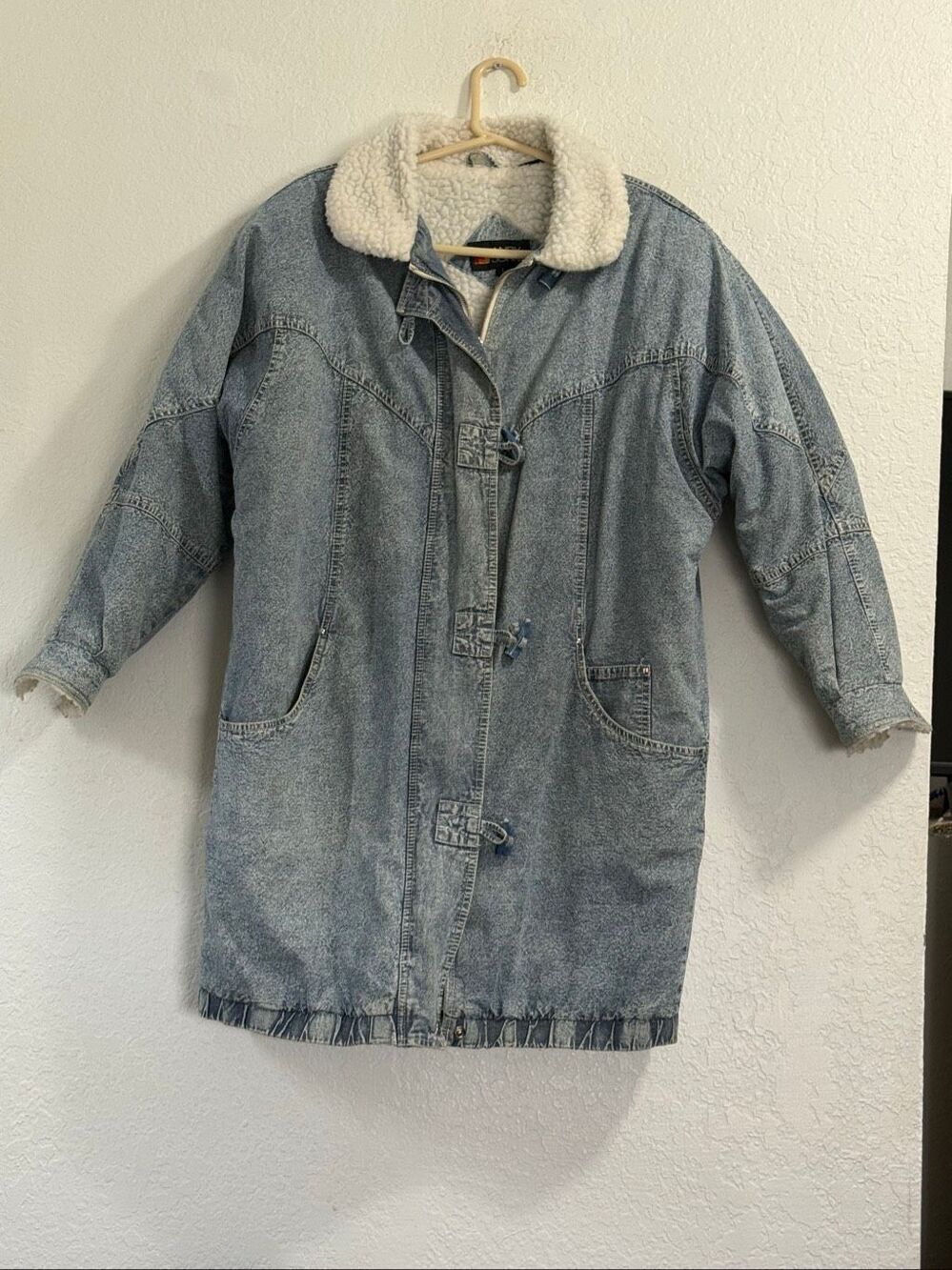 Vintage Andy Johns Blue Acid Wash Denim Fleece Lined Coat Jacket 80s 90s Size L